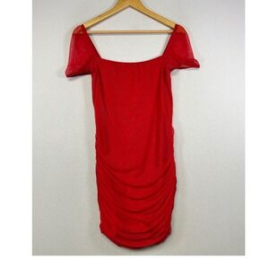 Clubwear Lucy in the Sky Women XL Red Ruched Mesh Square Neck Bodycon Mini Dress